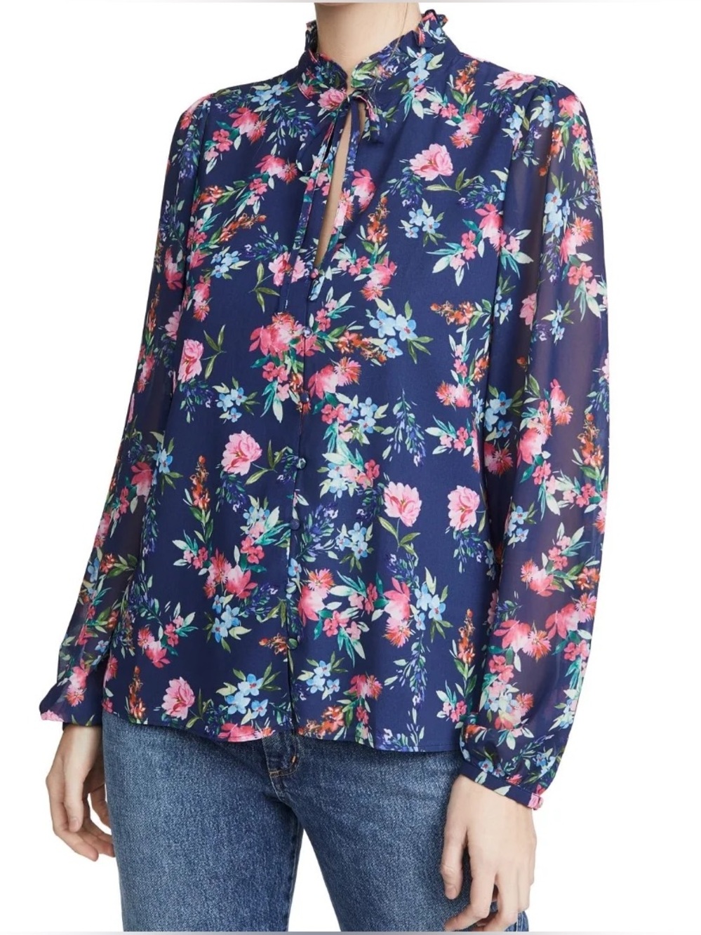 Yumi Kim Lovelock Top Mulberry Navy Floral Tie Neck Blouse Medium